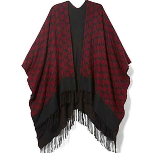 MICHAEL KORS LOGO PONCHO JACQUARD FRINGED RUANA RUBY RED & BLACK SWEATER CAPE - Picture 1 of 1